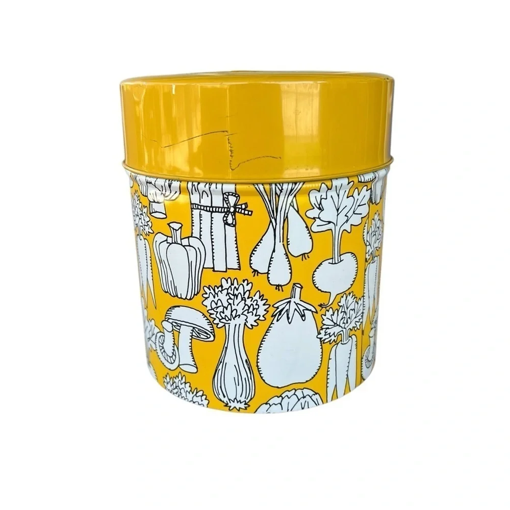 Vintage Vegetable Yellow Tin Canister OMC Japan Mushrooms Asparagus Carrots